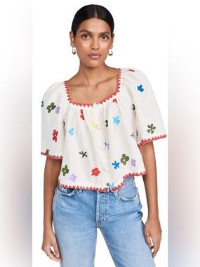 RHODE Gabriel White Embroidered Floral Square-Neck Top